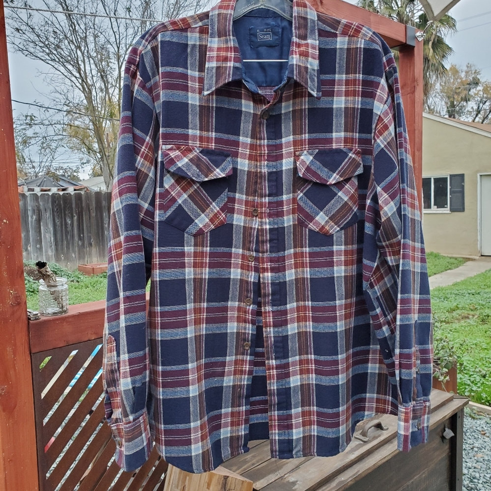 Sears Vintage long sleeve Acrylic plaid men's button shirt. 17-17.5. Burg/Blue.